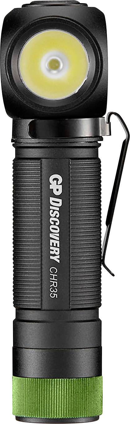 Schwarze Taschenlampe mit grünem Griff, beschriftet mit 'GP Discovery CHR35'.