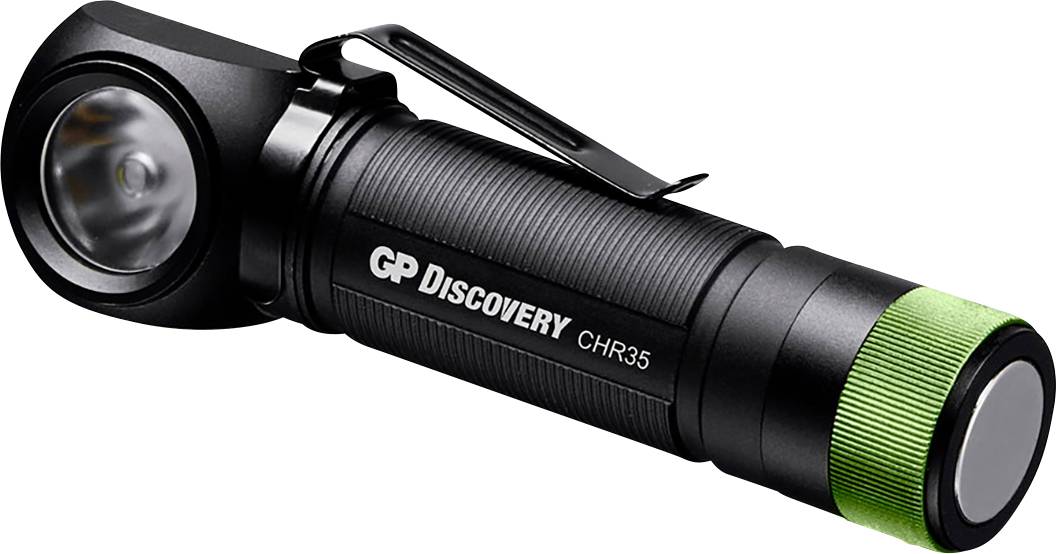 Kompakte schwarze Taschenlampe mit seitlichem Clip und grünem Leuchtelement am Ende, auf der 'GP Discovery CHR35' steht.
