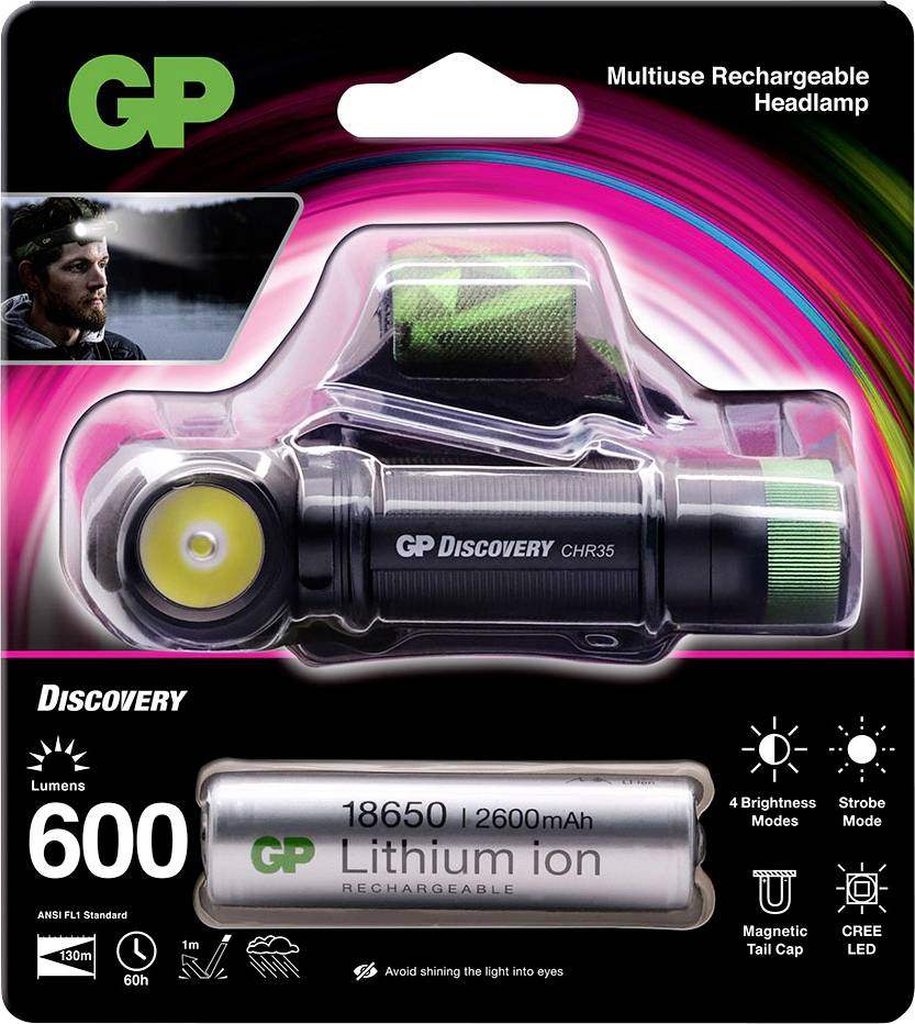 Eine multifunktionale, wiederaufladbare Kopflampe mit der Bezeichnung 'GP Discovery'. Verpackung zeigt Lampe und Akku, 600 Lumen.