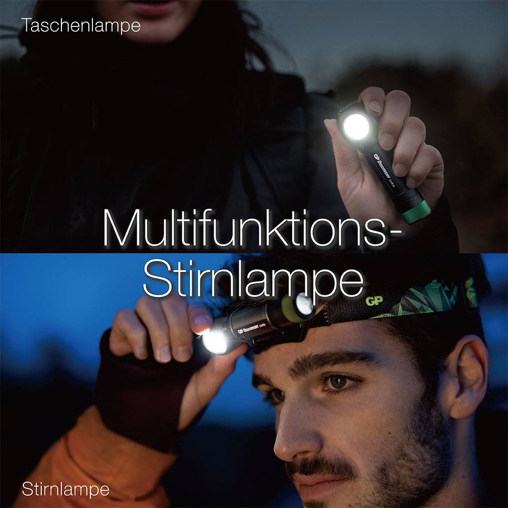 Person nutzt eine schwarze Multifunktions-Stirnlampe mit Taschenlampenfunktion. Der Hintergrund ist unscharf.