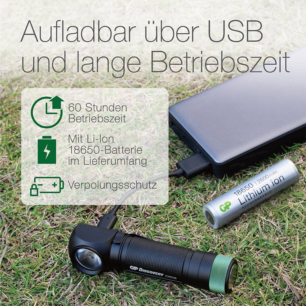 Wiederaufladbare Taschenlampe über USB mit 60 Stunden Betriebszeit, 18650 Li-Ion Batterie inklusive. Ideal für Outdoor-Abenteuer.