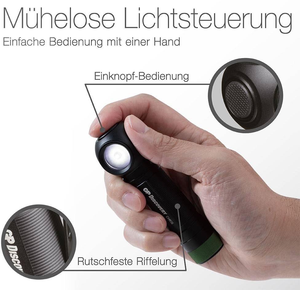 Person hält eine Taschenlampe mit Text: 'Mühelose Lichtsteuerung. Einfache Bedienung mit einer Hand.' Markierungen zeigen Ein-Knopf- und rutschfeste Bedienung.