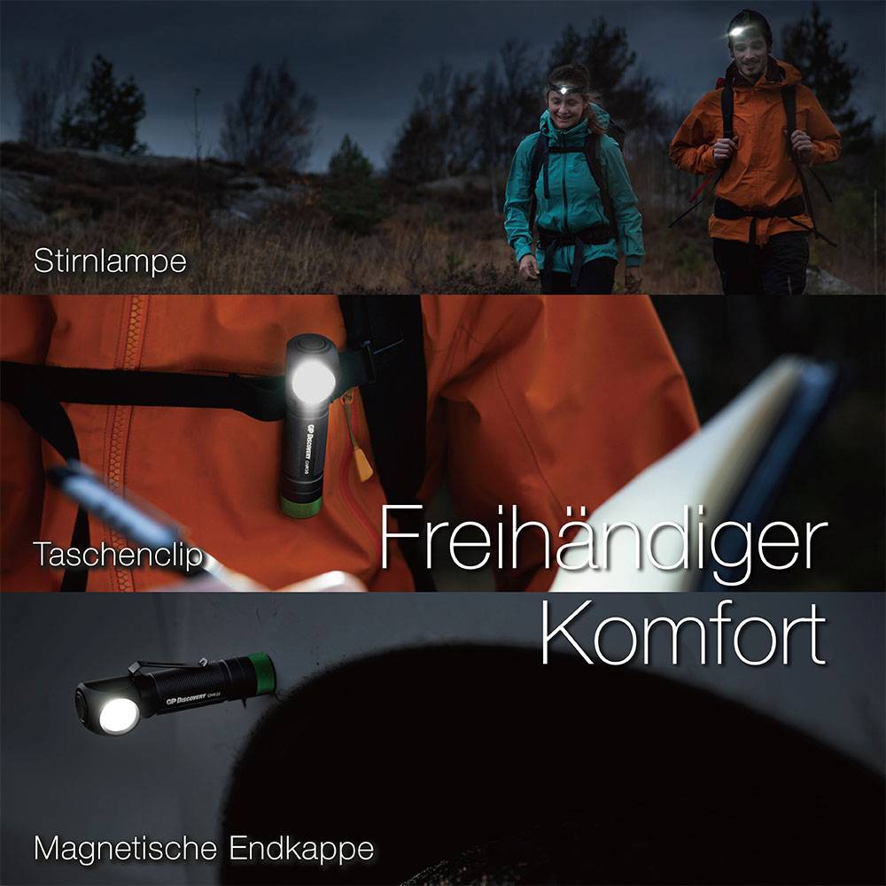 Personen bei Nacht mit Stirnlampen, Taschenclip für freihändigen Komfort, magnetische Endkappe. Beleuchtung im Freien.