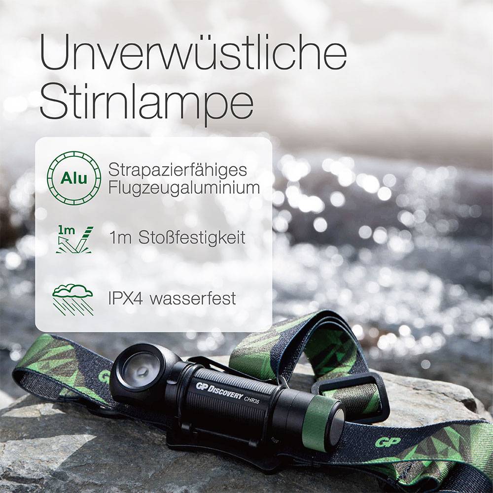 'Unverwüstliche Stirnlampe' in der Mitte, mit Symbolen: 'Alu - Strapazierfähiges Flugzeugaluminium', '1m Stoßfestigkeit', 'IPX4 wasserfest'. Stirnlampe unten mit grünem Band.