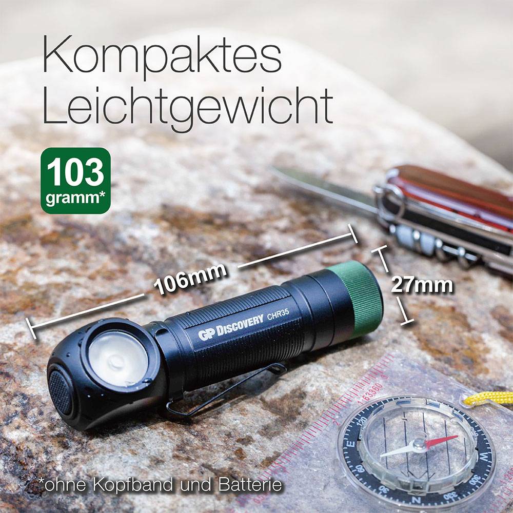 Taschenlampe und Taschenmesser auf Stein. Text: Kompaktes Leichtgewicht, 103 Gramm, 106mm x 27mm, ohne Kopfband und Batterie.