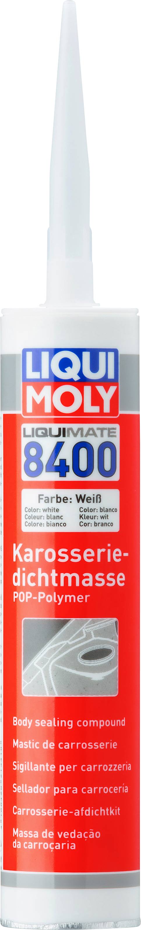 Kartusche eines weißen Karosseriedichtstoffs 'Liqui Moly Liquimate 8400'. Geeignet für Fahrzeuge. Behälter zeigt Anwendungsbereiche.