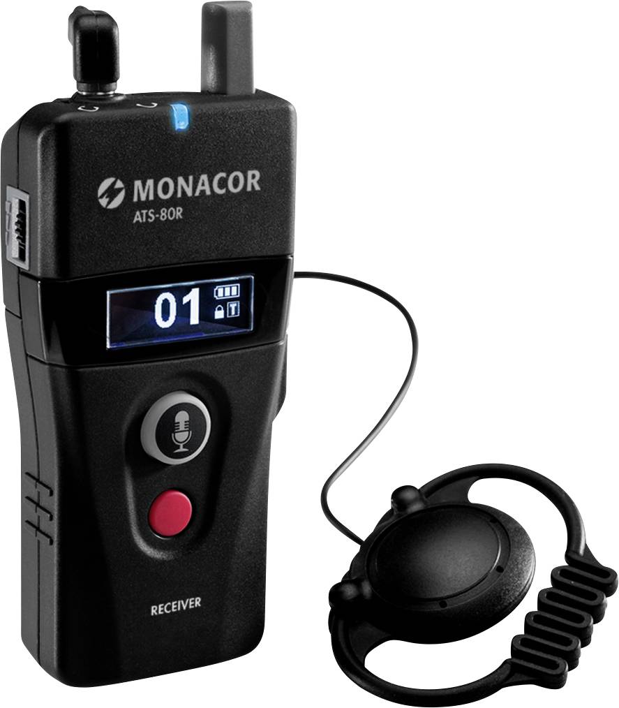 Tragbarer Funkempfänger mit Kopfhörer, schwarzes Gehäuse, Display zeigt '01', Mikrofontaste. Verwendung für kabellose Audioübertragung.