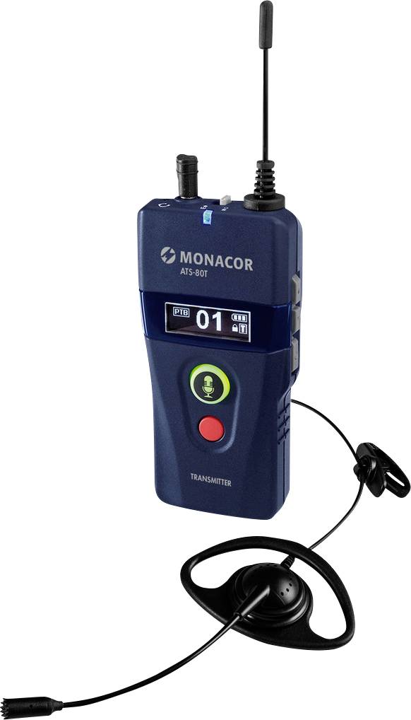 Ein Monacor ATS-80T Funksender mit Mikrofon und Antenne, verwendet für Audioübertragungen. Er hat ein Display und Bedientasten.
