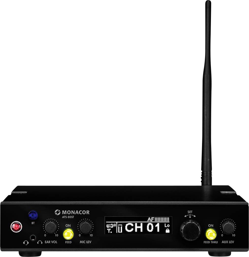 Ein schwarzer drahtloser Receiver mit Antenne. Display zeigt 'CH 01'. Drehknöpfe und Tasten zur Steuerung von Lautstärke und Kanal. Markenname oben links.