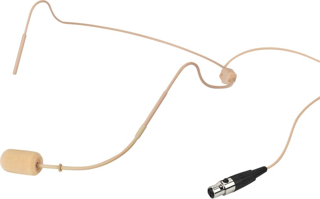 Hautfarbenes Headset-Mikrofon mit Ohrbügel und Schwanenhalsarm, Verbindungskabel endet in einem Metallstecker, geeignet für Bühnennutzung.