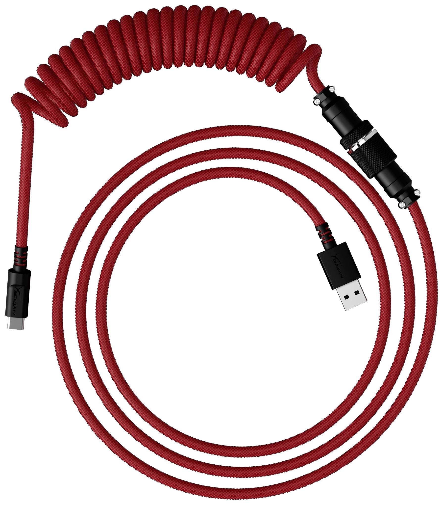 Ein rotes, gewundenes USB-Kabel mit einem USB-A-Stecker und einem USB-C-Stecker. Es hat eine geflochtene Textur für zusätzliche Haltbarkeit.