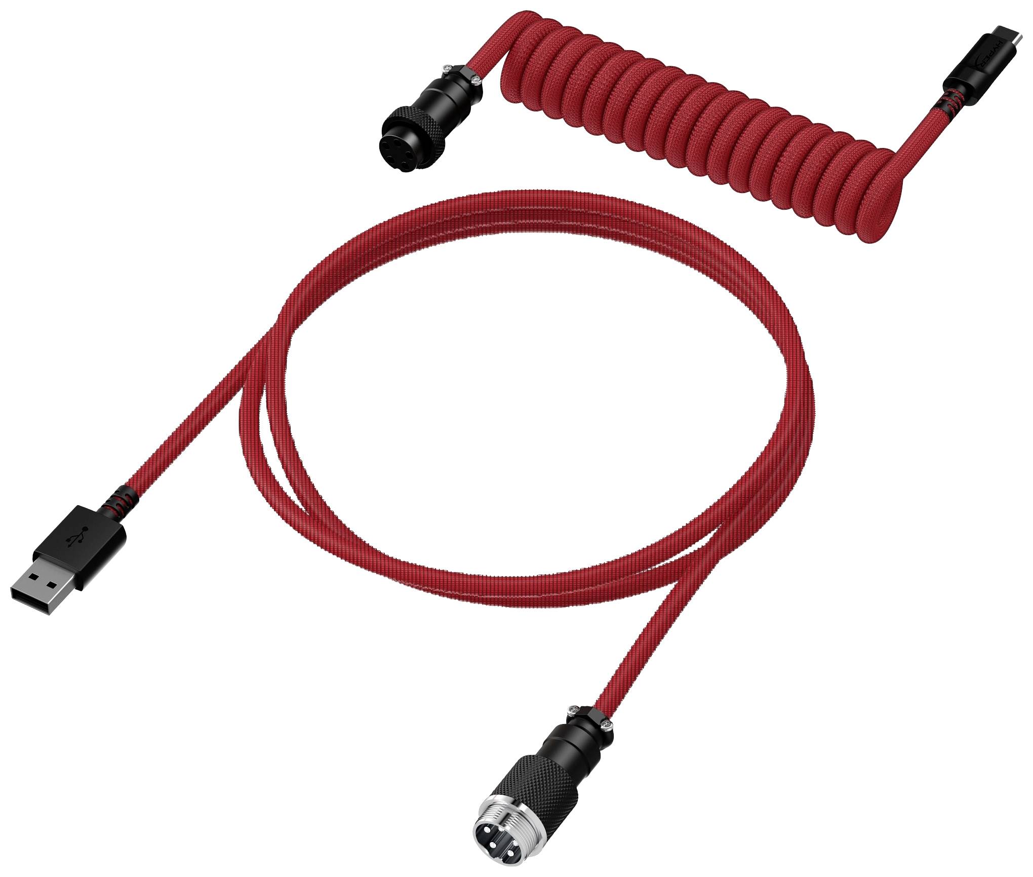 Rotes, spiralförmiges Kabel mit einem USB-Anschluss auf einer Seite und einer runden Verbindung auf der anderen.