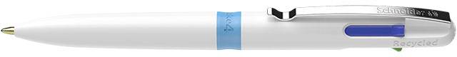 Ein weißer Kugelschreiber mit blauem Griff und einem Clip mit der Aufschrift 'Recycled'.