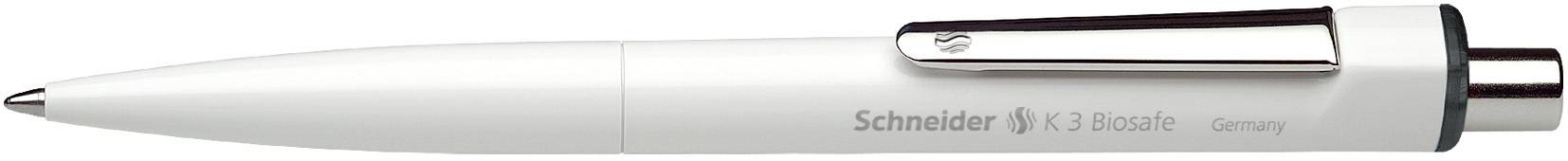 Ein weißer Kugelschreiber mit silbernem Clip und der Aufschrift 'Schneider K3 Kurzschluss Germany' auf der Seite.