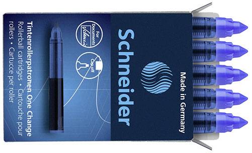 Packung mit fünf blauen Tintenrollermine-Nachfüllungen der Marke Schneider, hergestellt in Deutschland. Verpackung mit Schriftzug 'Made in Germany'.