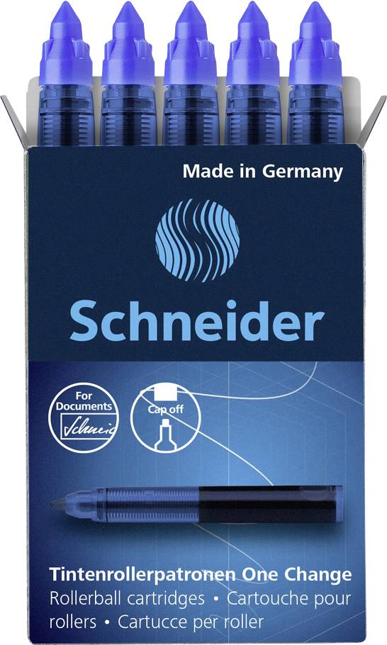 Eine Verpackung mit blauen Schneider-Tintenrollerpatronen. Text: 'Made in Germany', 'Schneider', 'Tintenrollerpatronen One Change'.