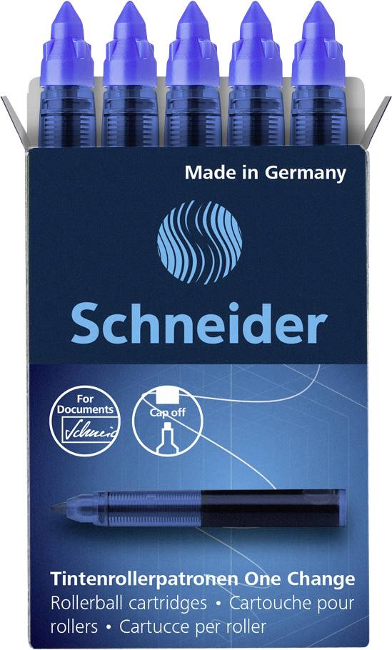 Packung mit sechs blauen Tintenrollerpatronen der Marke Schneider. Text: 'Made in Germany', enthält Patrone und Kappenschalter.