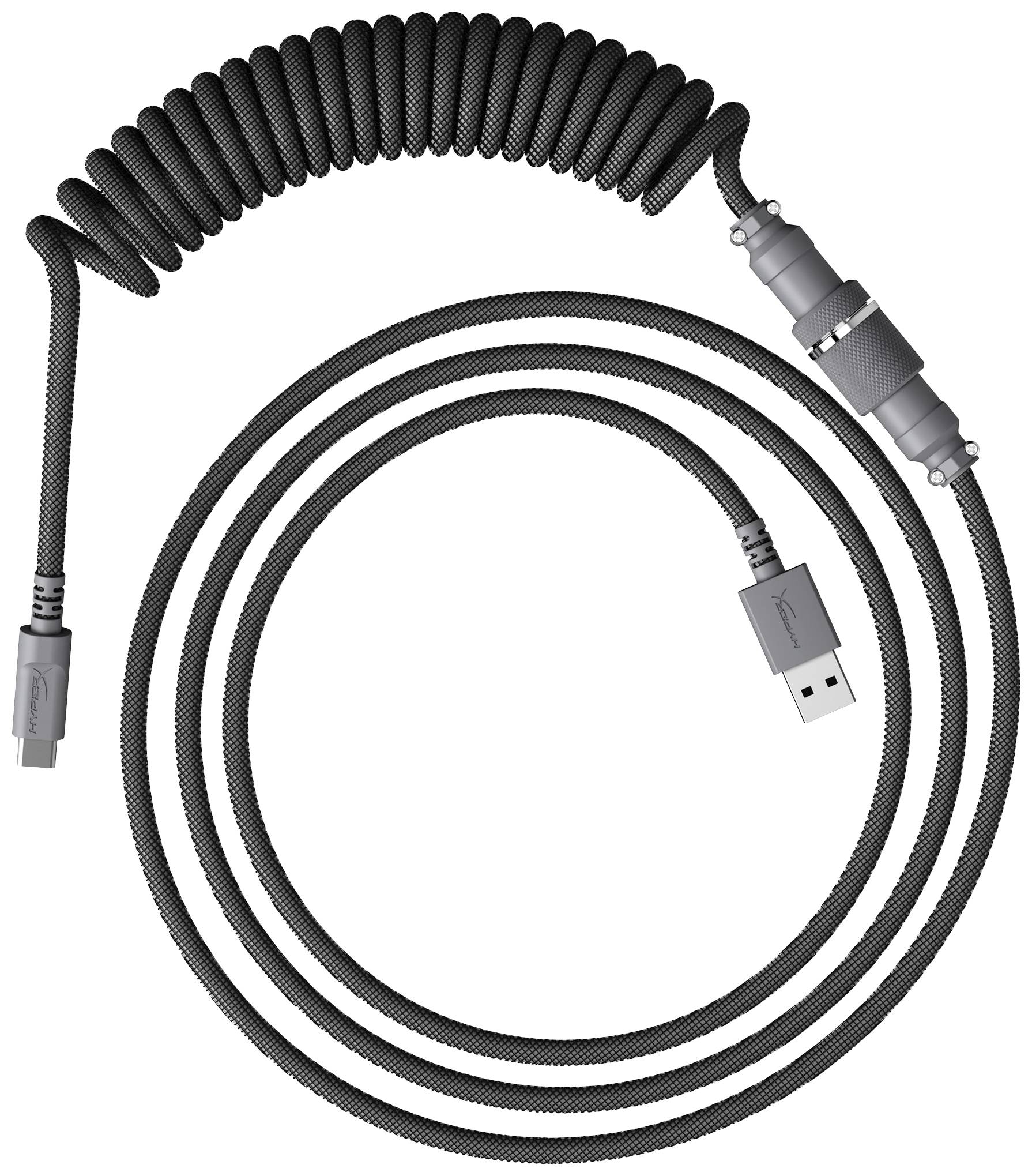 Ein gewundenes USB-Kabel, teils spiralförmig, mit einem Metallanschluss und schwarzer Gewebeummantelung. Zum Laden oder Datenübertragung geeignet.