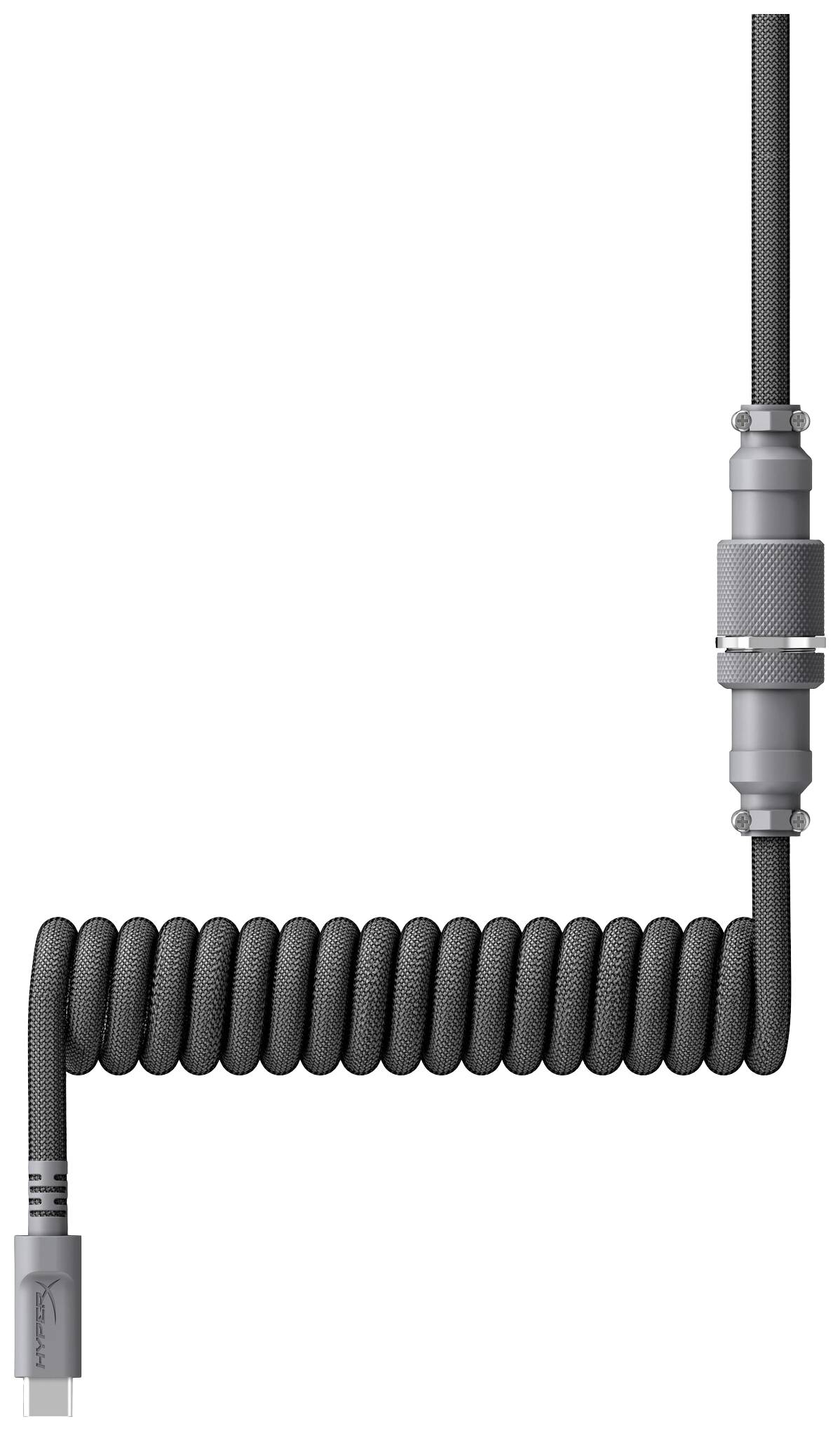 Ein schwarz-graues, spiralig gewickeltes USB-Kabel mit einem Metallanschluss.