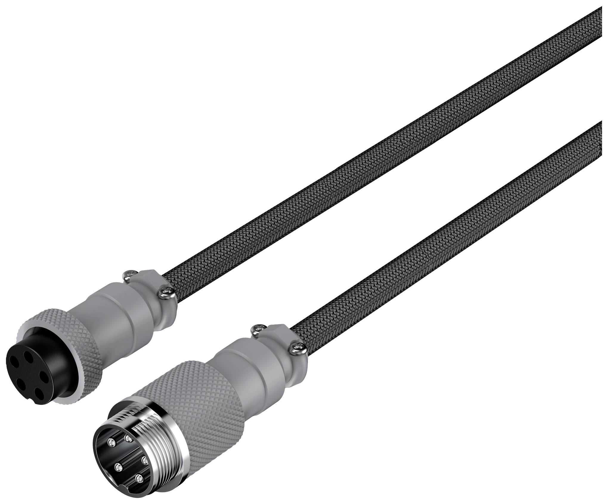 Ein elektrisches Kabel mit zwei grauen Steckverbindern an den Enden, jeweils mit mehreren Anschlüssen. Es scheint für industrielle Anwendungen geeignet.