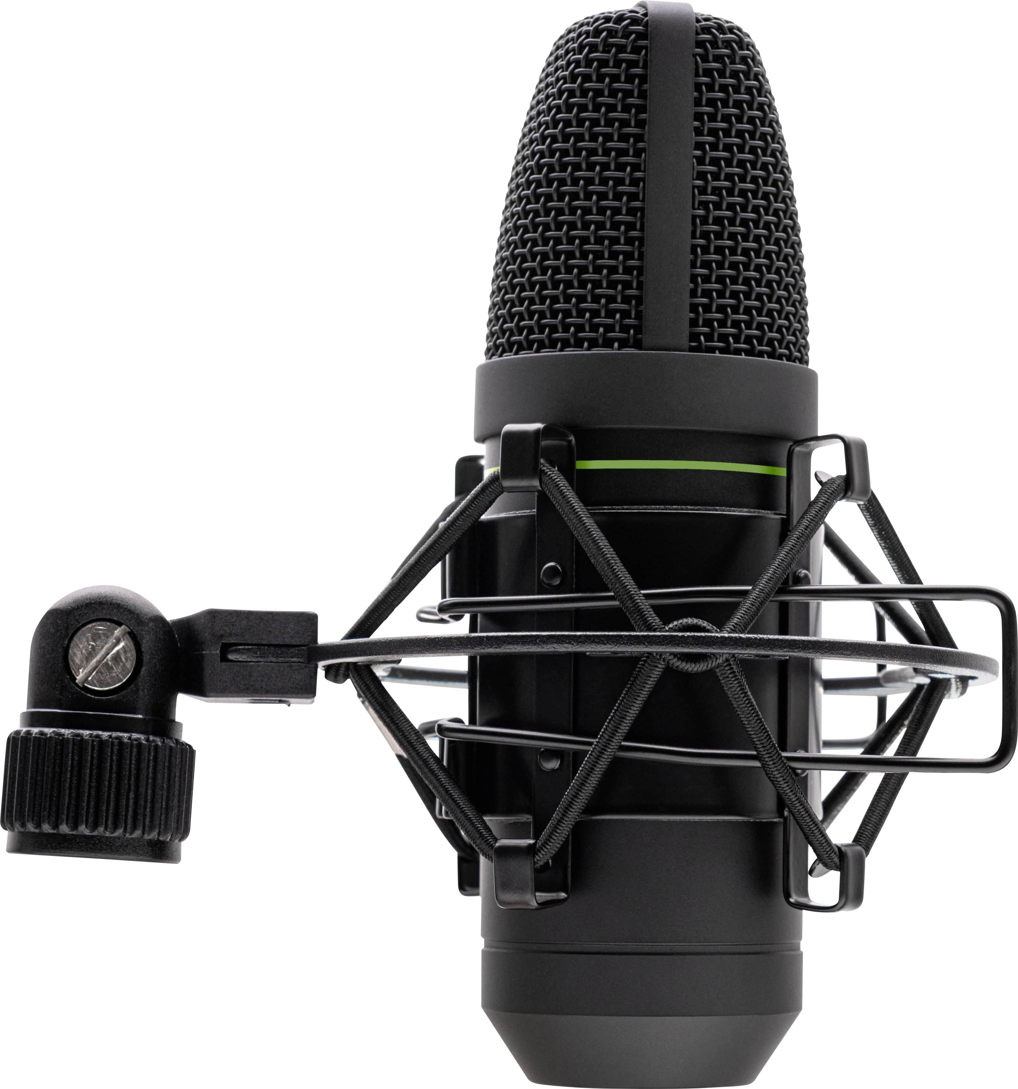 Ein schwarzes Studiomikrofon in einer Spinne, frontal abgebildet. Geeignet für professionelle Audioaufnahmen.