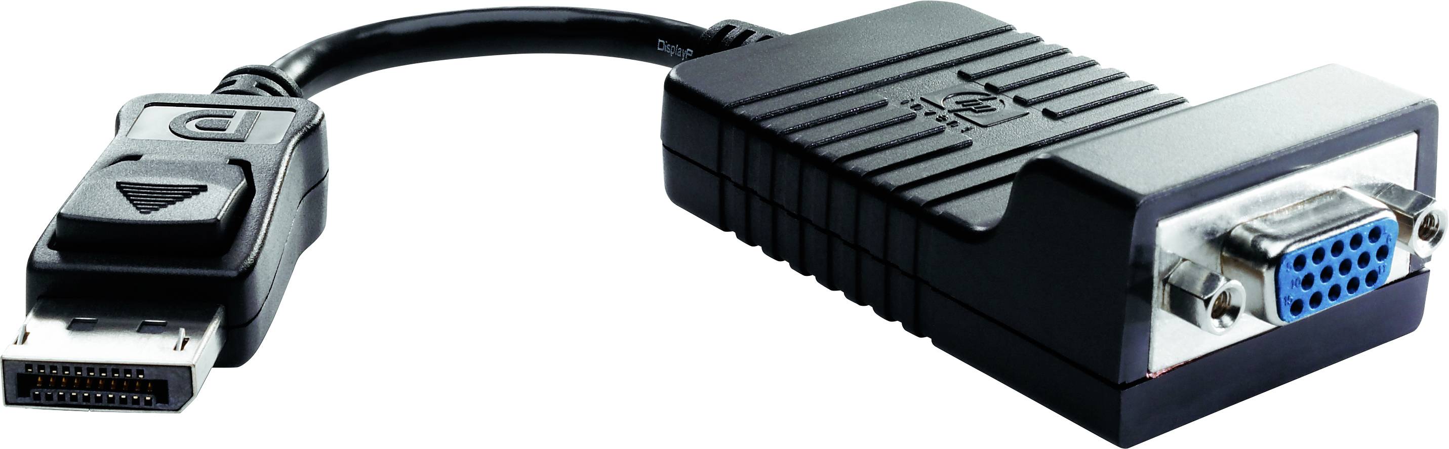Ein schwarzer Adapter, links mit DisplayPort-Anschluss und rechts mit einem VGA-Anschluss, zur Verbindung von Geräten mit unterschiedlichen Anschlüssen.
