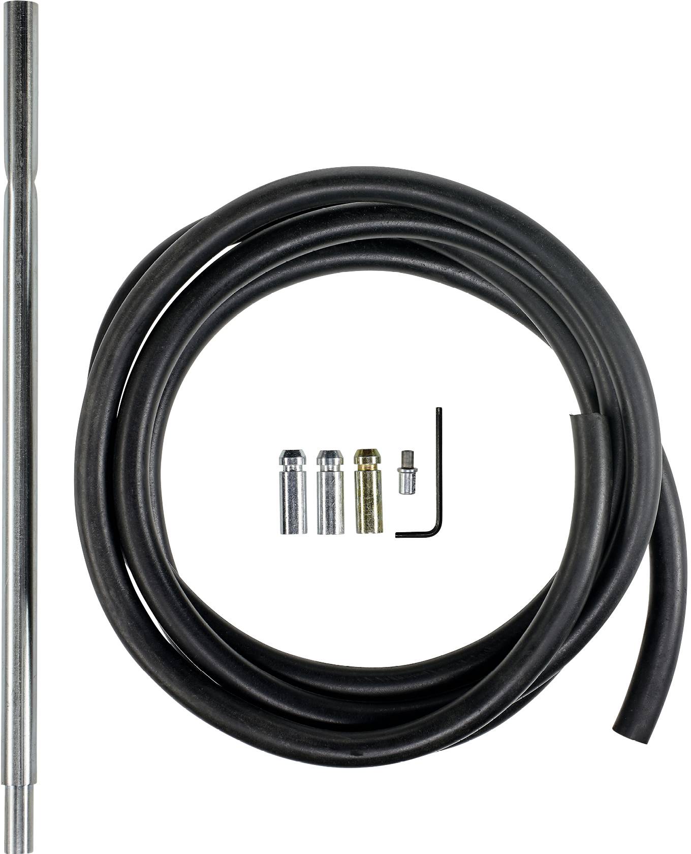 Schwarz beschichteter Fahrrad-Bremszug mit Metallenden und einem Inbusschlüssel, geeignet für Reparaturen und Wartungen von Fahrrädern.