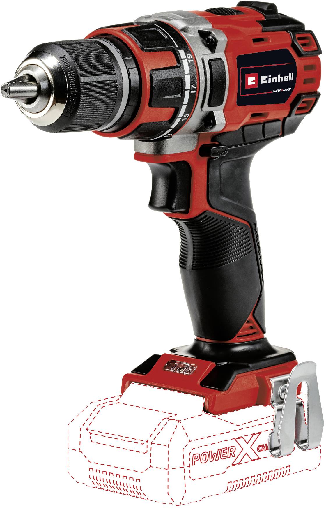 Akkuschrauber von Einhell ohne Akkupack; zeigt ergonomisches Design und Metallbohrfutter.