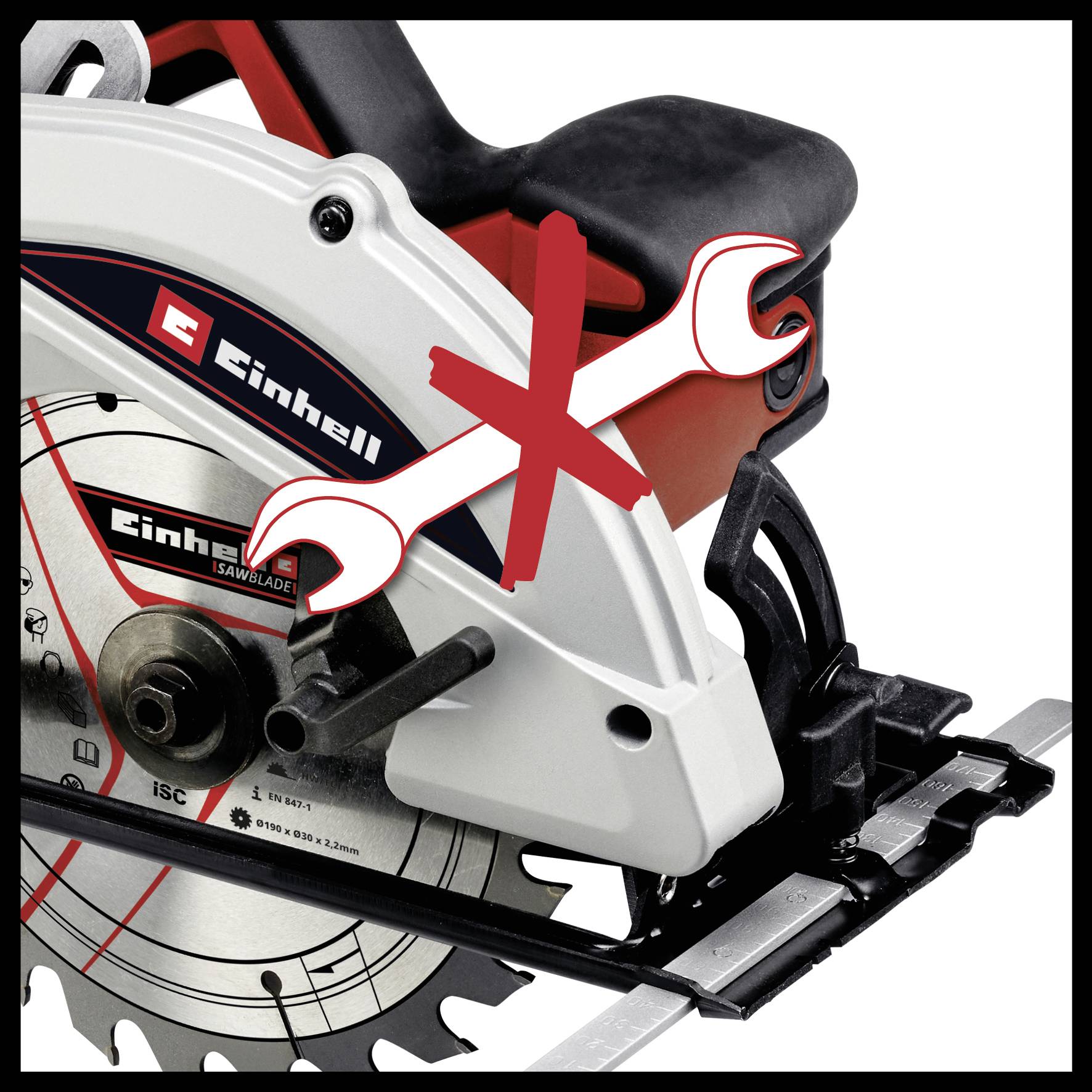 Eine Handkreissäge von Einhell mit einem roten 'X' und einer überkreuzten Schraubenschlüssel-Grafik, die die Reparatur untersagt.