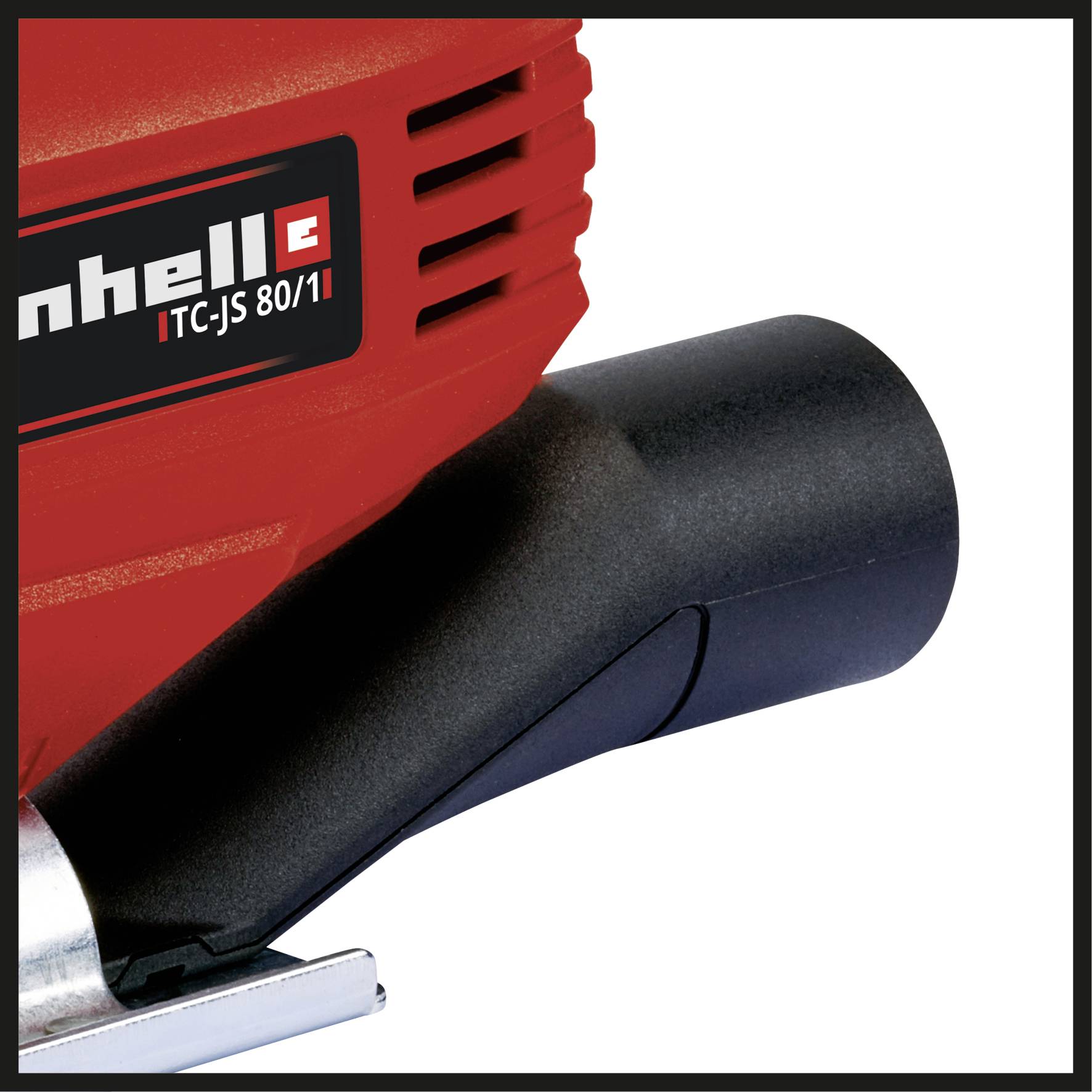 Nahaufnahme einer roten Stichsäge mit einem schwarzen Griff. Das Logo und Modell 'TC-JS 80/1' sind sichtbar.