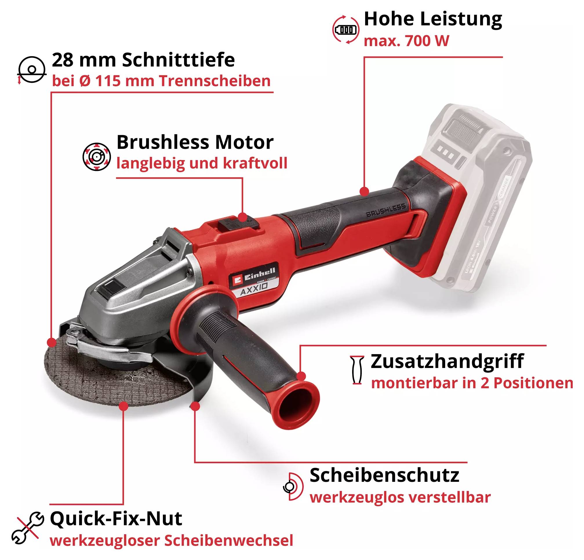 Einhell Professional AXXIO 18/115 Q 4431150 Akku-Winkelschleifer 115mm ohne Akku, ohne Ladegerät, inkl. Schnellspannmutter 700W
