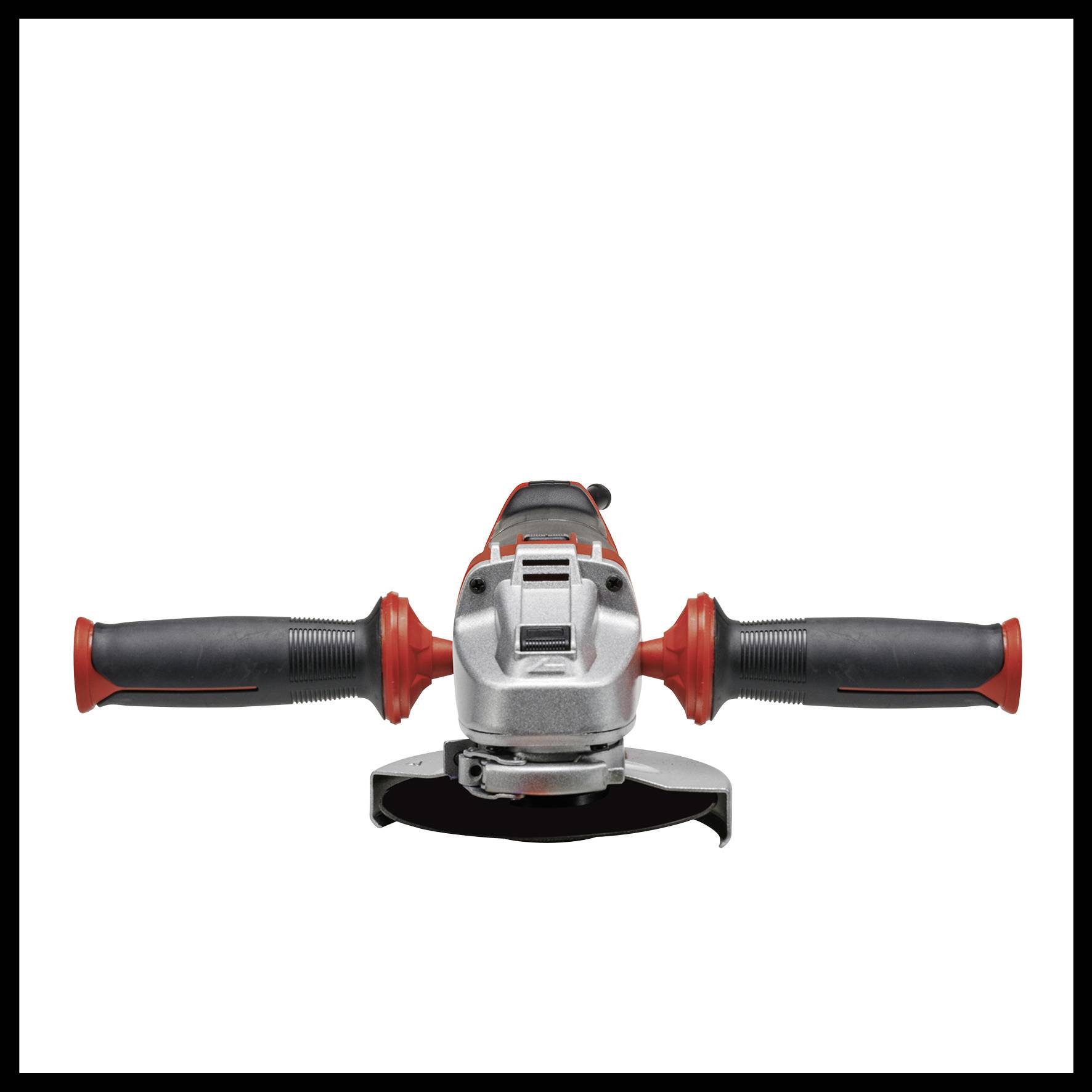 Ein Winkelschleifer mit roten und schwarzen Griffen, frontal abgebildet. Geeignet für Schneide- und Schleifarbeiten.