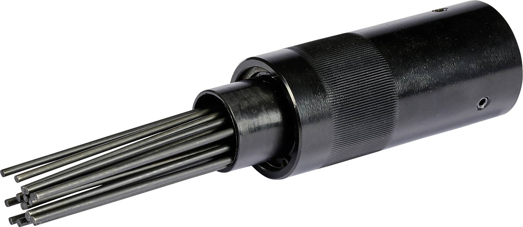 Ein schwarzes mechanisches Werkzeug mit mehreren hervortretenden Stäben.