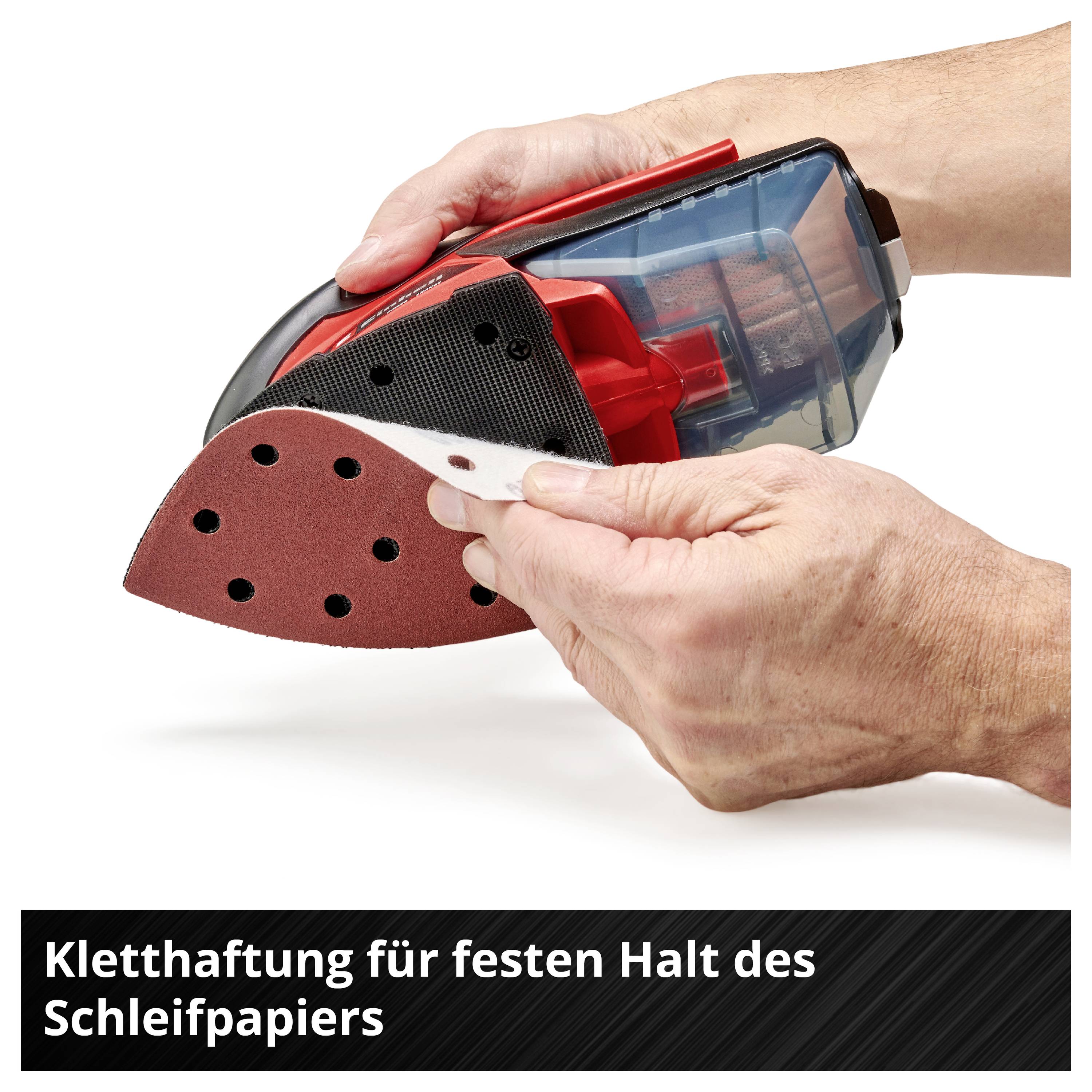 Eine Hand befestigt Schleifpapier an einem Handschleifer. Text: Kletthaftung für festen Halt des Schleifpapiers.