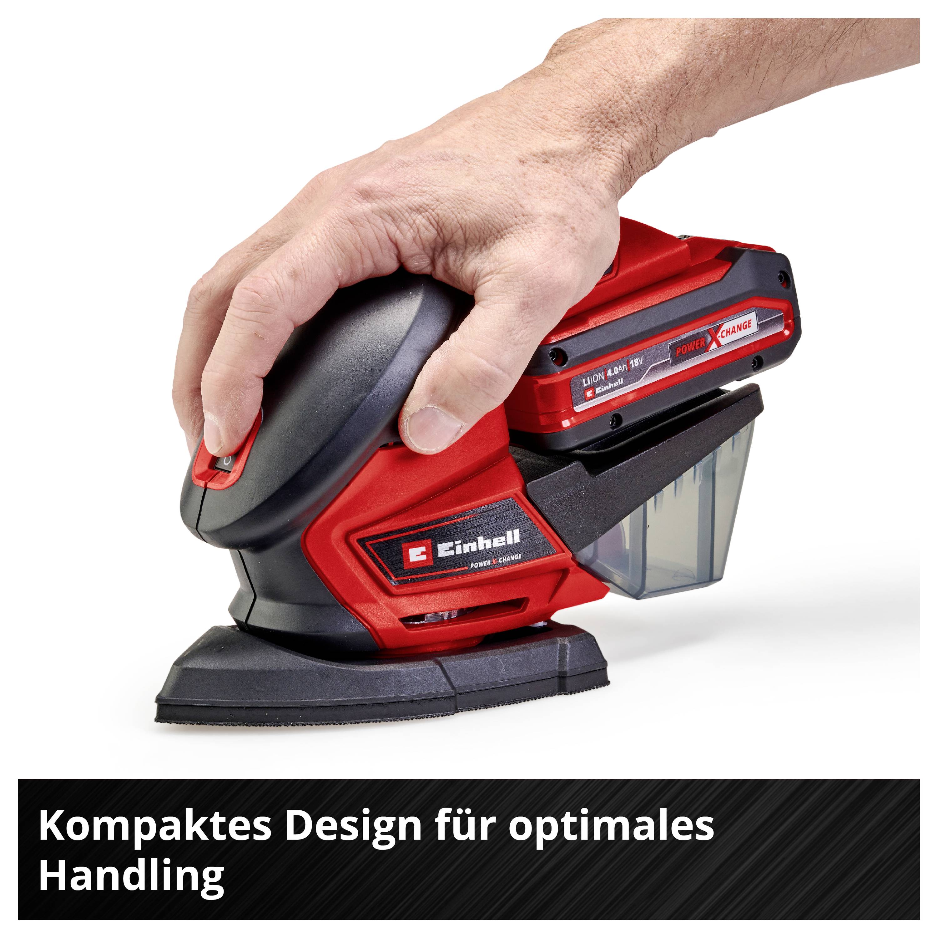 Eine Hand hält einen roten elektrischen Sander von Einhell. Text auf dem Bild: 'Kompaktes Design für optimales Handling'.