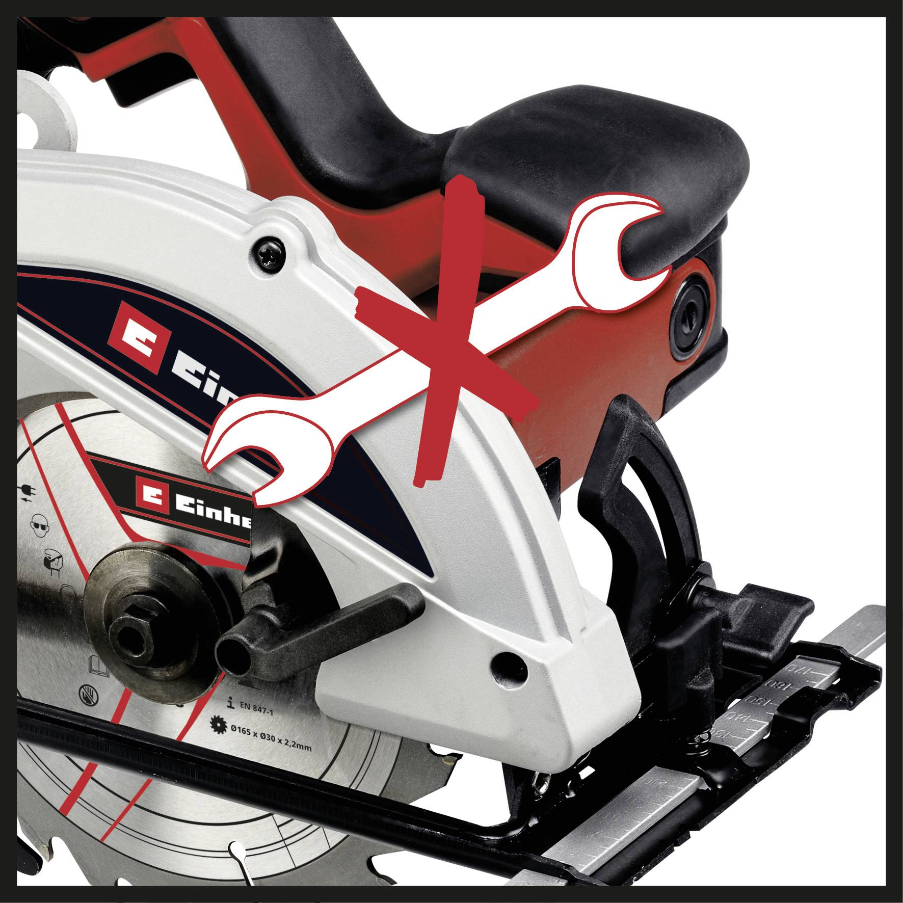 Kreissäge mit rotem X und Schraubenschlüssel, symbolisiert 'Nicht reparieren'.