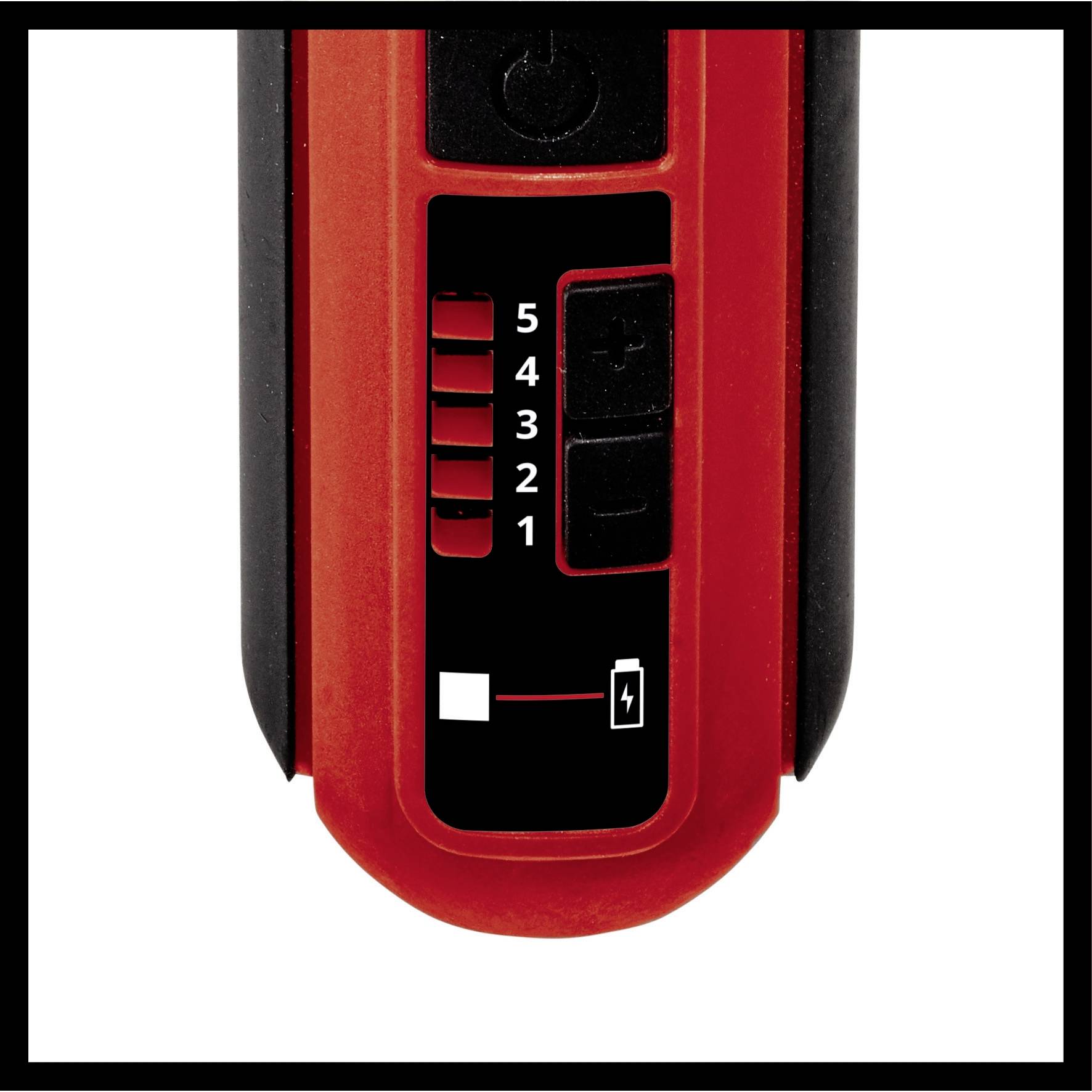 Darstellung eines Batteriefachs mit fünf Ladestatus-Anzeigen und einem Batteriesymbol, teilweise aufgeladen.