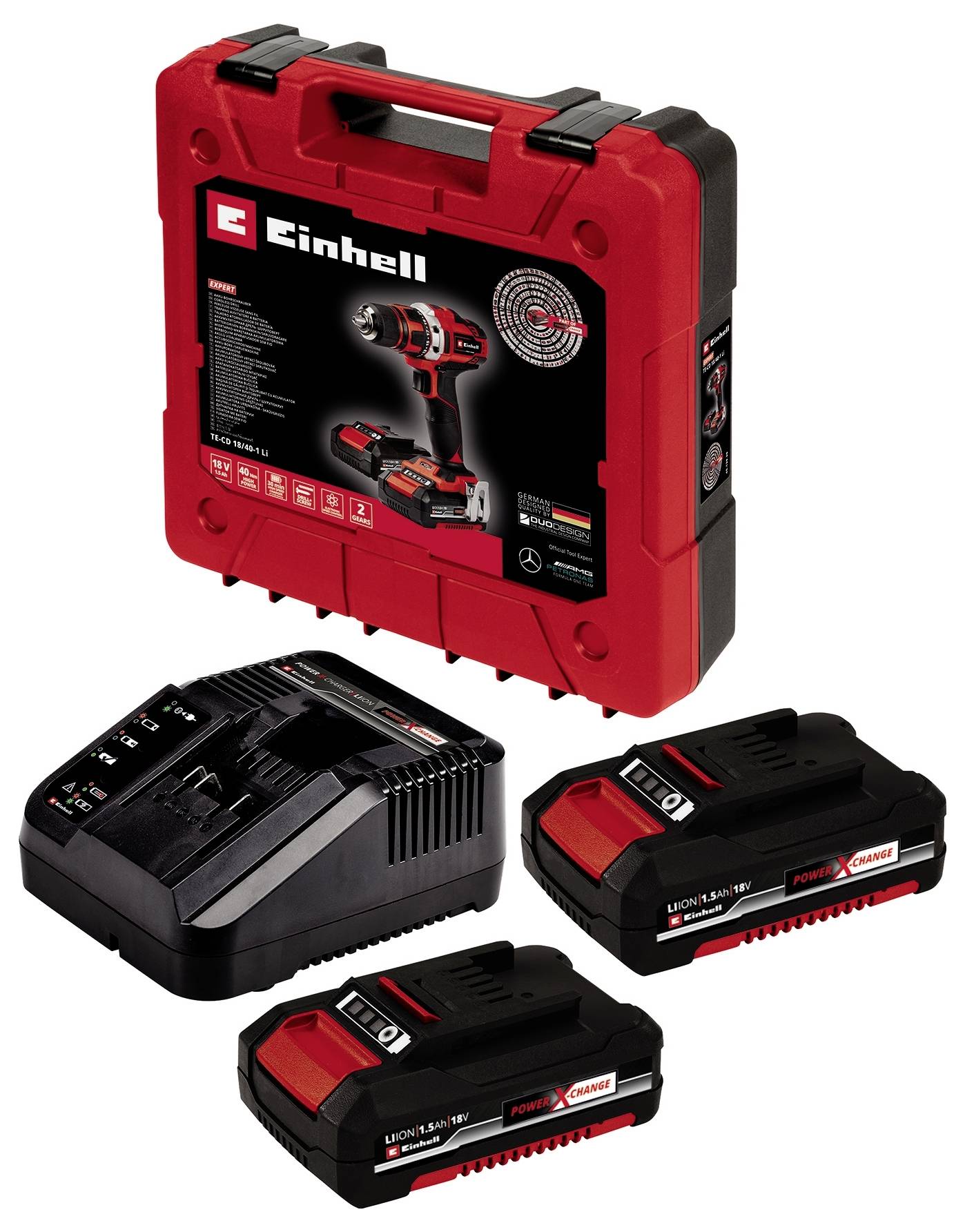 Akkubohrschrauber-Set in rotem Koffer. Enthält Bohrmaschine, Ladegerät und zwei Akkus. Marke: Einhell.