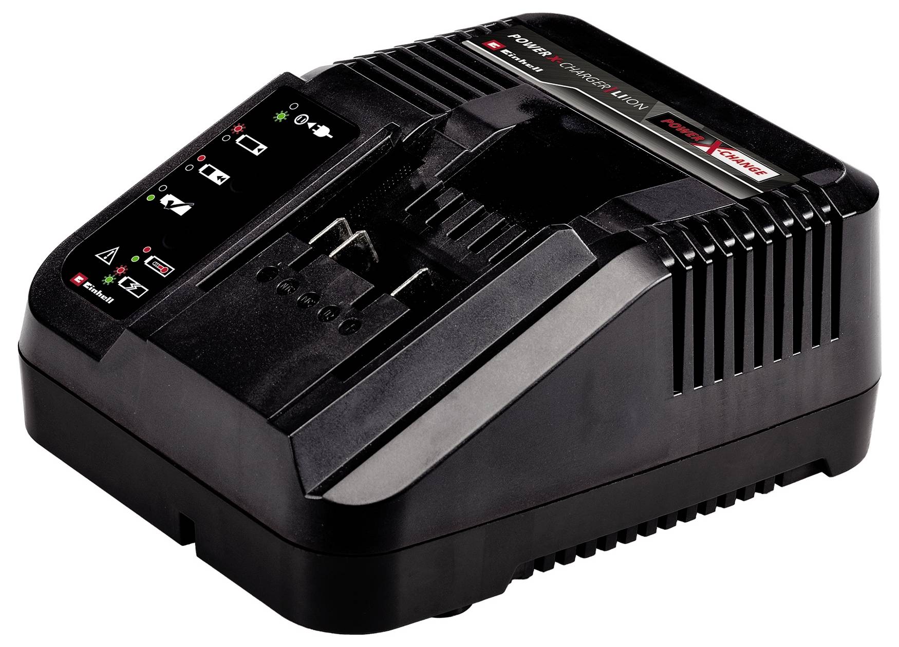 Ein schwarzes Akkuladegerät mit LED-Anzeigen für Ladestatus. Es hat eine glatte Oberfläche und ist für Werkzeuge geeignet.