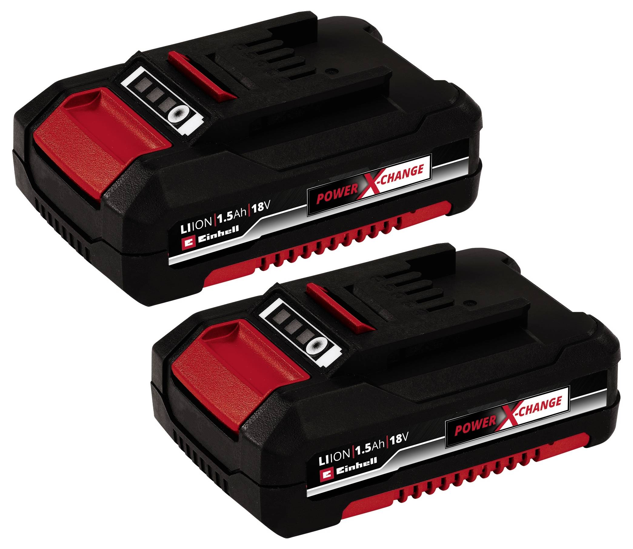 Zwei schwarze und rote 18V Li-Ion Akkus von Einhell, Power X-Change Serie, mit 1,5Ah Kapazität. Zeigen Ladeanzeige auf der Oberseite.