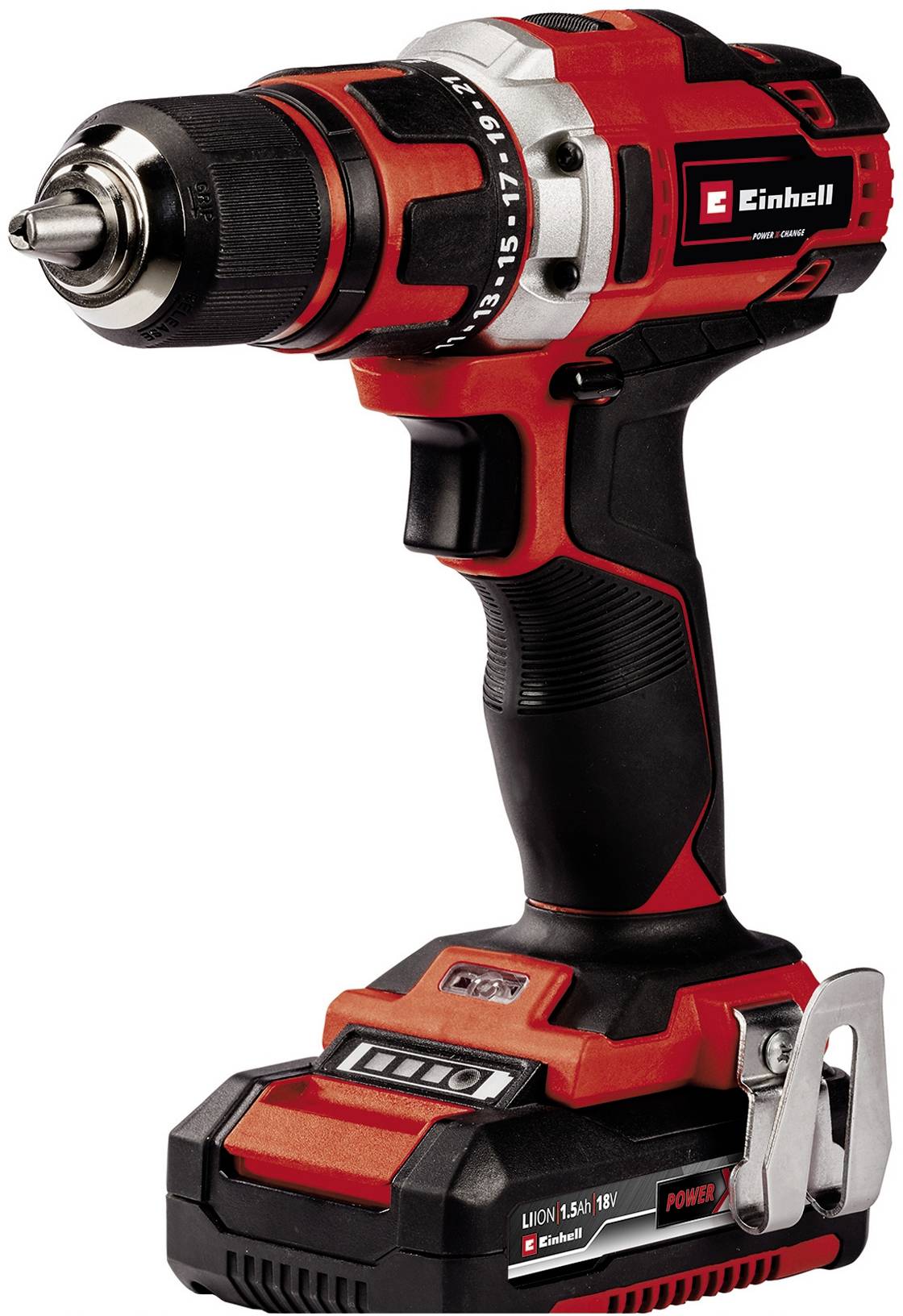 Ein kabelloser, rot-schwarzer Akkuschrauber mit ergonomischem Griff und Bit-Aufsatz.