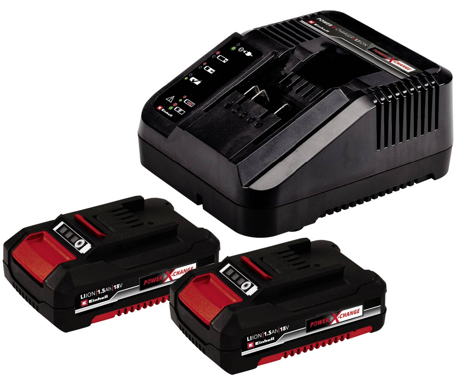 Ladegerät mit zwei wiederaufladbaren Lithium-Ionen-Akkus. Batterien sind schwarz mit roten Akzenten und für Werkzeuge gedacht.