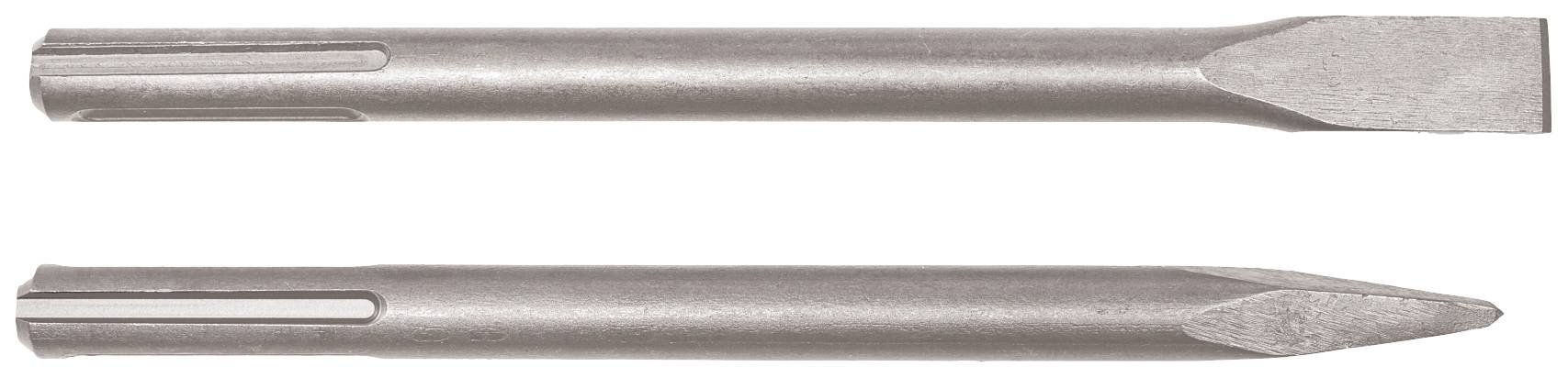 Zwei Meißel, einer mit flacher Klinge und einer mit spitzer Spitze, liegen nebeneinander. Sie sind aus Metall und haben eine zylindrische Form.