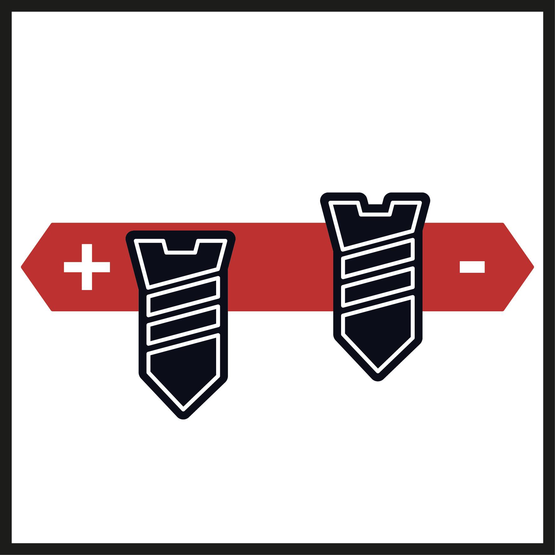 'Neues Supes' Pfeilspitzen-Design: Rote horizontale Leiste mit weißem Plus- und Minuszeichen, darüber zwei gestreifte Pfeilspitzen.