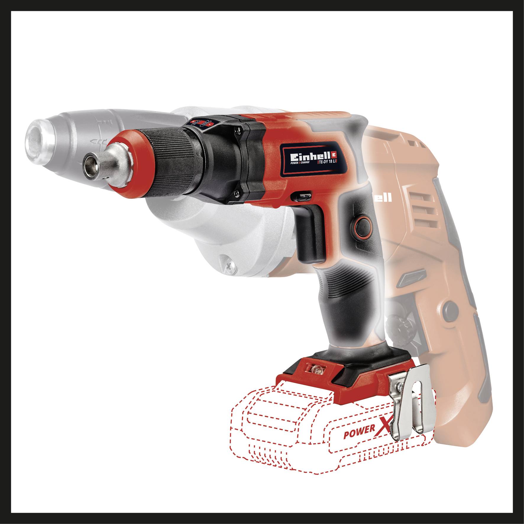 Leistungsstarker, roter Akkuschrauber mit ergonomischem Griff und abnehmbarer Batterieeinheit, markiert mit 'Power X-Change'.
