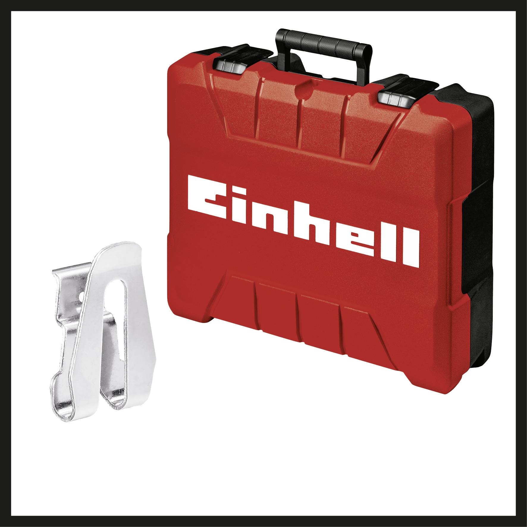 'Einhell' roter Werkzeugkoffer mit schwarzem Griff, begleitet von einem silbernen Metallclip.