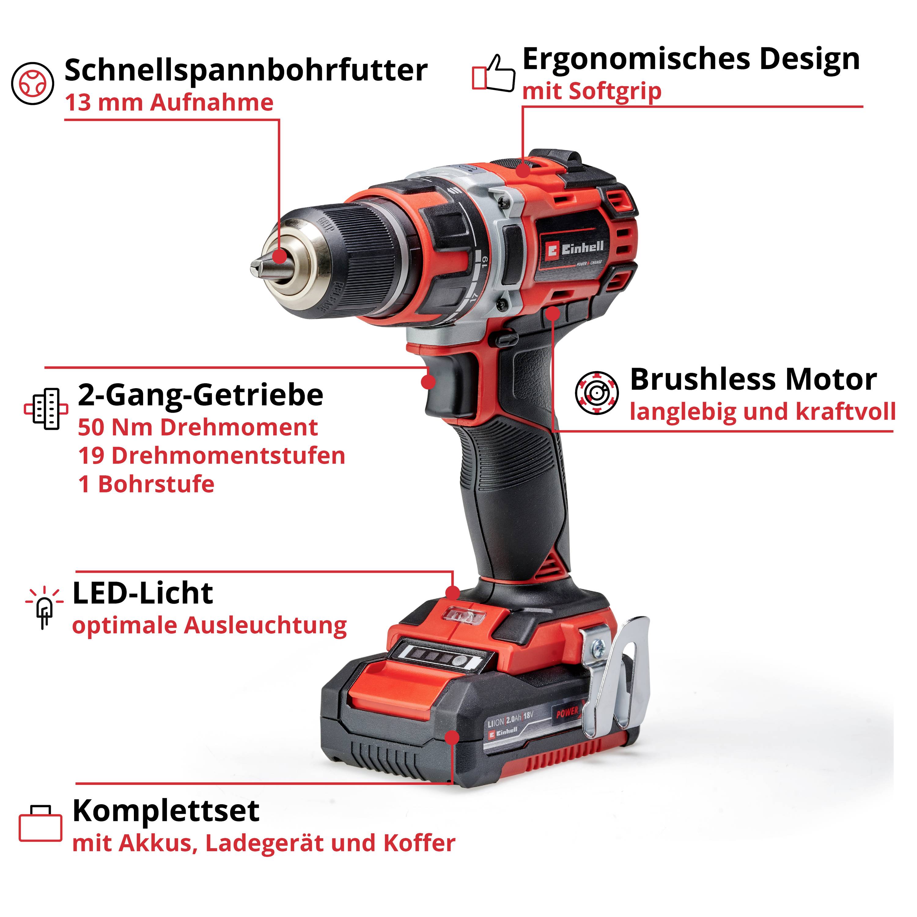 Einhell Professional TP-CD 18/50 Li BL (2x2,0Ah) 4513896 Akku-Bohrschrauber 18V 2Ah Li-Ion bürstenlos, inkl. 2. Akku, inkl
