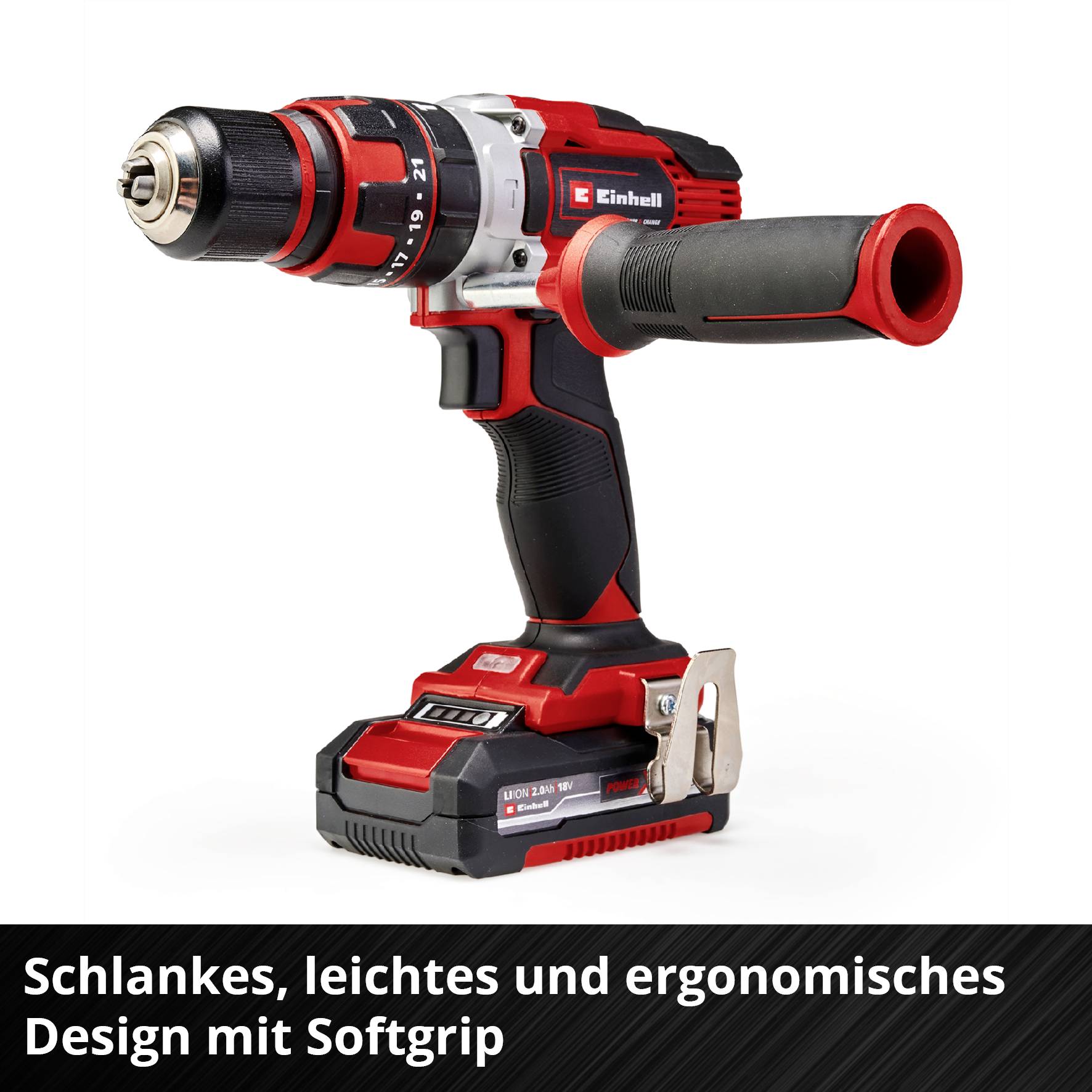 Akku-Bohrschrauber mit rotem und schwarzem Gehäuse. Text beschreibt schlankes, leichtes und ergonomisches Design mit Softgriff.