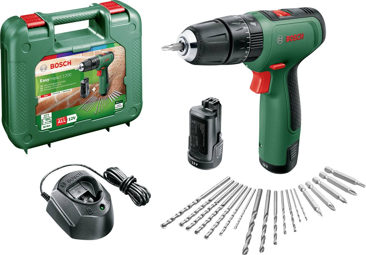Bosch Home and Garden EasyImpact 1200 2-Gang-Akku-Schlagbohrmaschine inkl. 2. Akku, mit Zubehör, inkl. Koffer