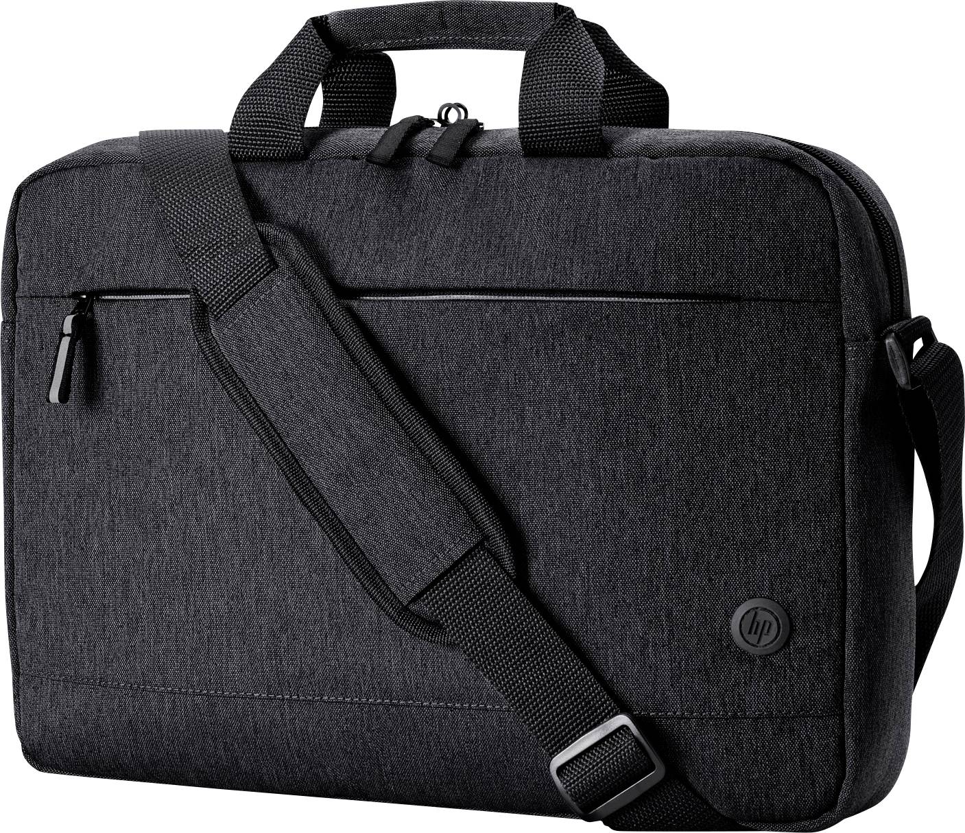 Schwarze Laptoptasche mit Tragegriff und verstellbarem Schultergurt, geeignet für den Transport eines Laptops oder Tablets.
